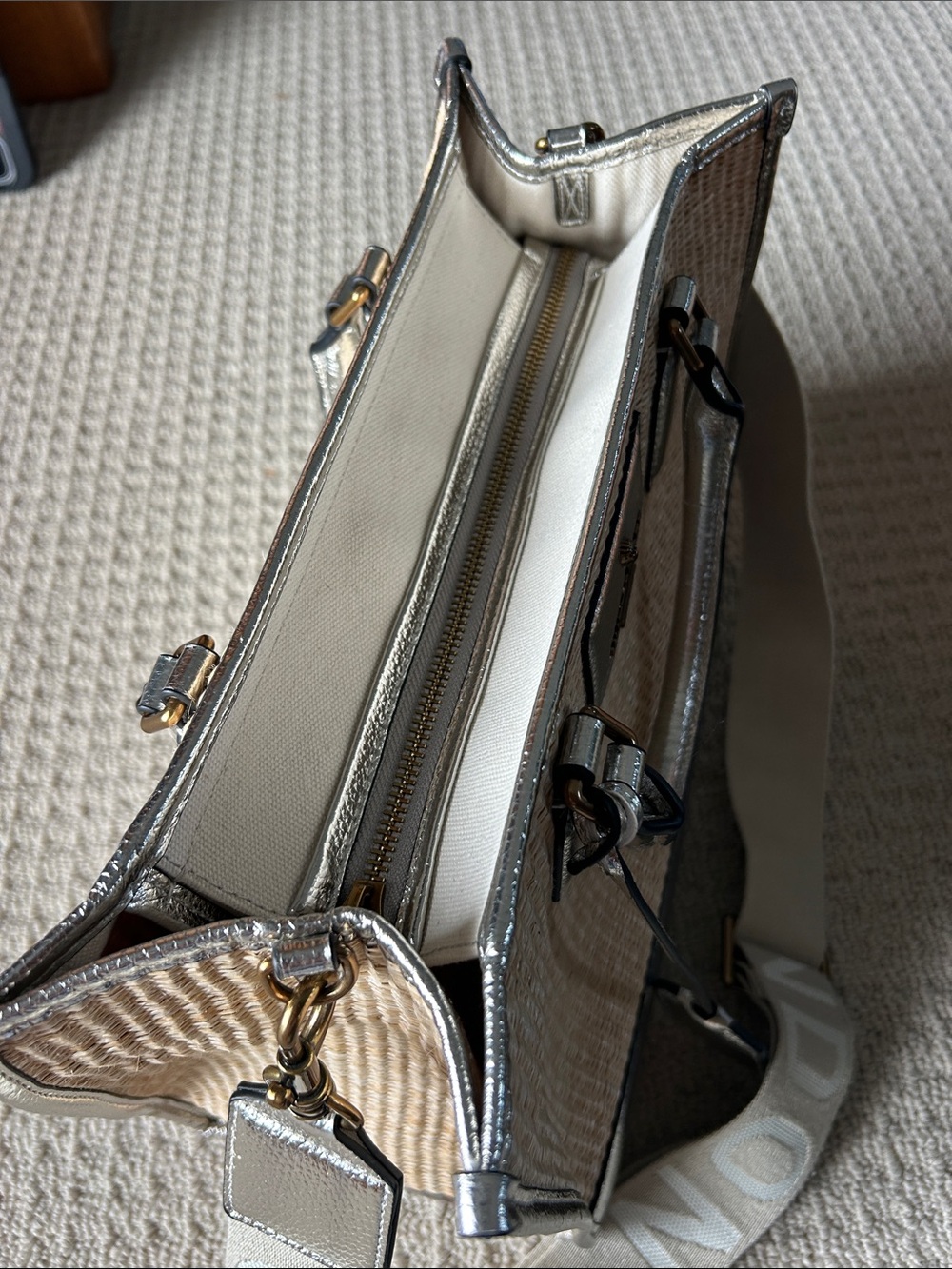 Kurt Geiger Tan Woven Satchel with Silver Metallic Trim and Branded Strap - Picture 8 of 8